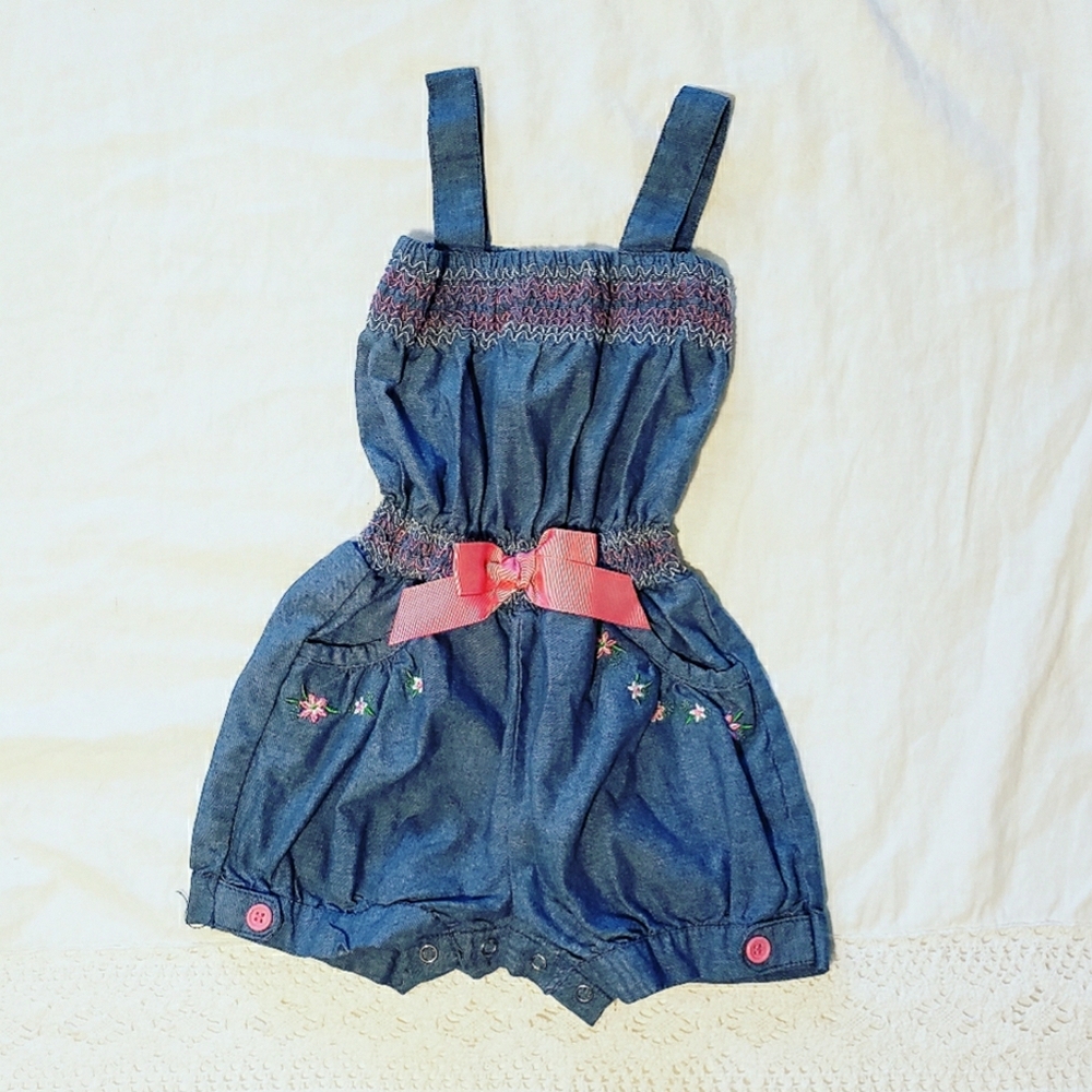 Denim Romper with Pink Bow